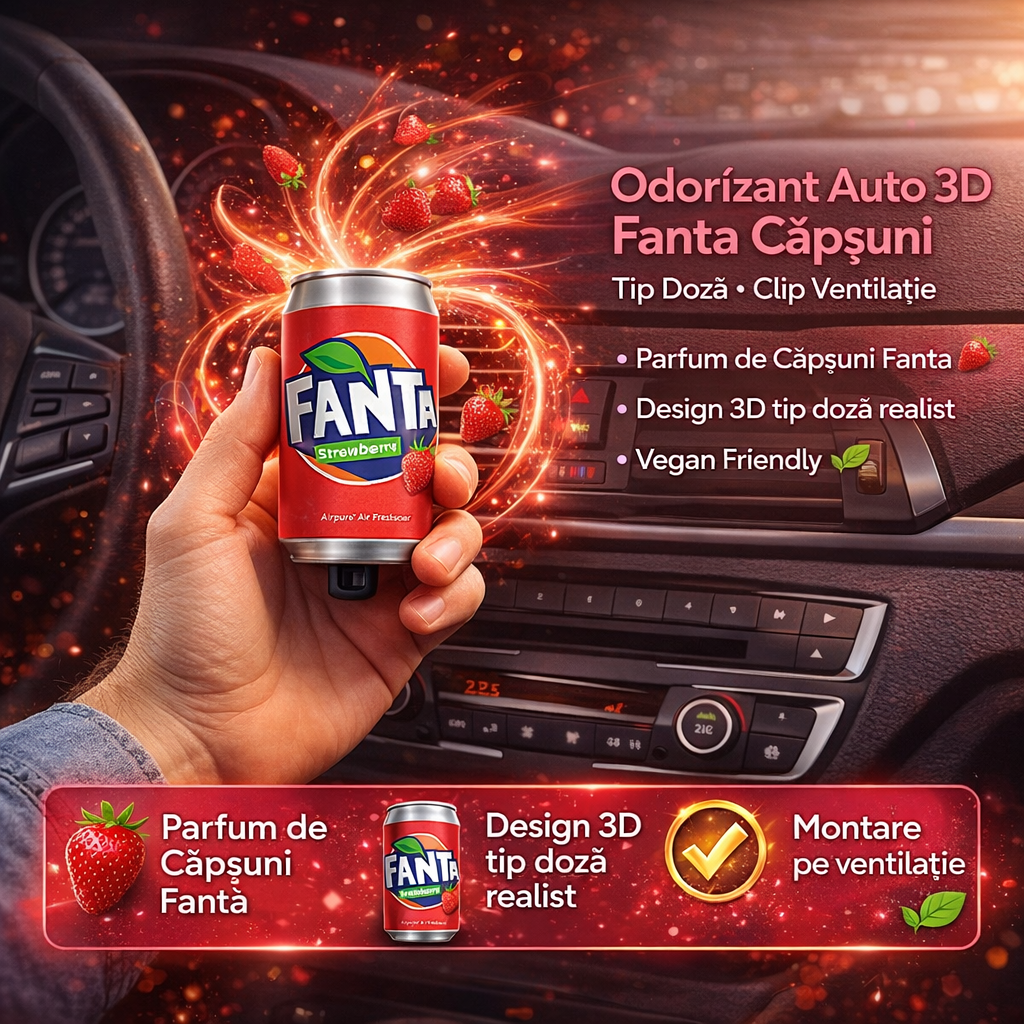 Odorizant Auto 3D Fanta Capsuni, Tip Doza, Clip Ventilatie, Parfum Intens și Persistent, Design Realist, Vegan Friendly Odorizant Auto 3D Fanta Capsuni, Tip Doza, Clip Ventilatie, Parfum Intens și Persistent, Design Realist, Vegan Friendly